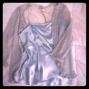 Ethereal pale turquoise silk cami and sweater set.